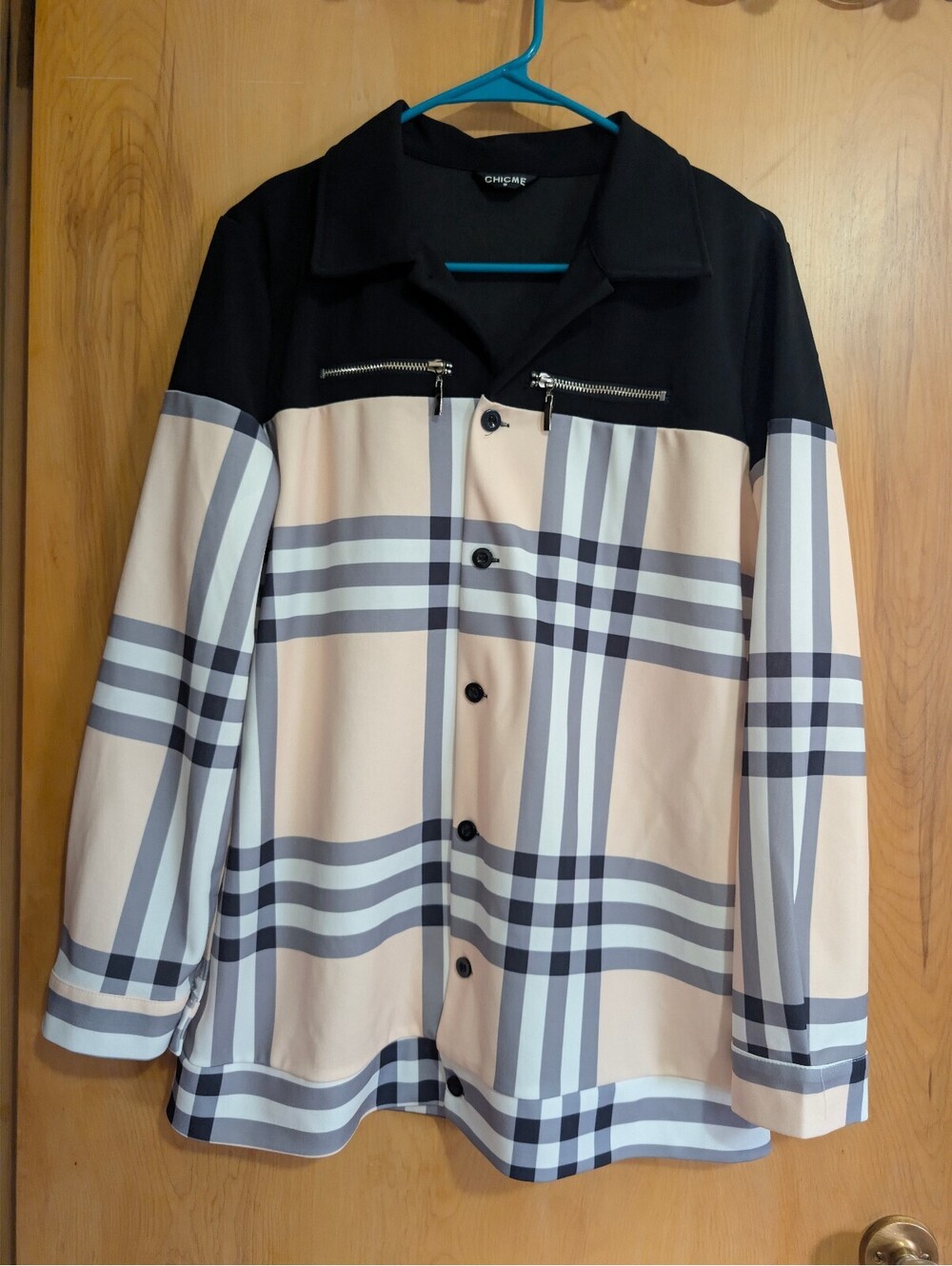 ChicMe Women's Button-Up Plaid Jacket with Black Shoulder Detail